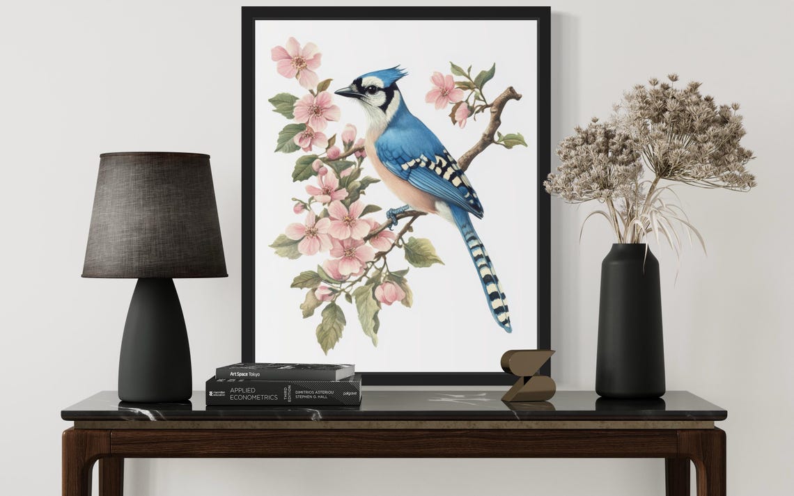 Vibrant Blue Jay on Blossom Branch Botanical Watercolor Poster - Image 2
