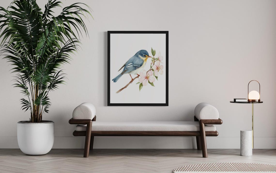 Northern Parula Warbler on a Flowering Branch Watercolor Poster - Image 3