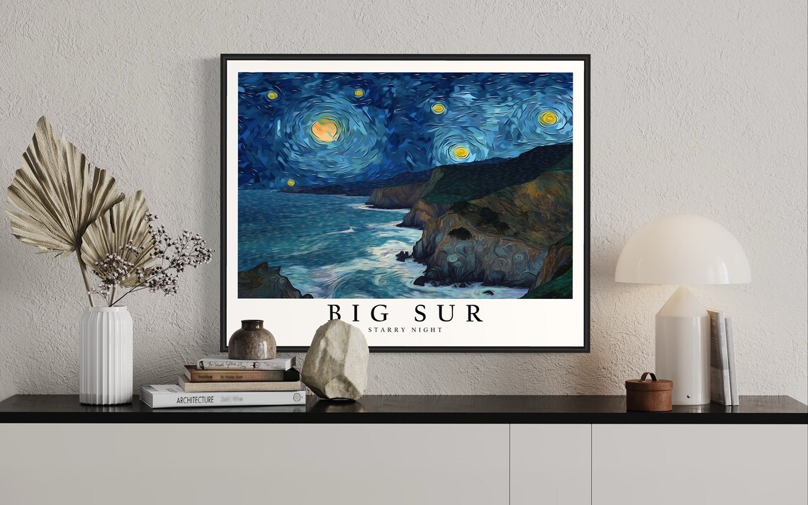 Big Sur California Starry Night Ocean Cliffs Moonlit Coast View Art Poster - Image 2