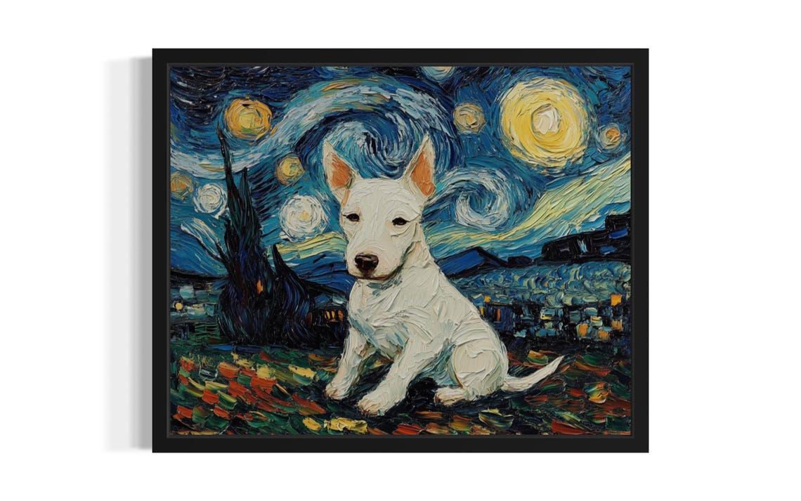 White Bull Terrier Starry Night Van Gogh Dog Portrait Poster