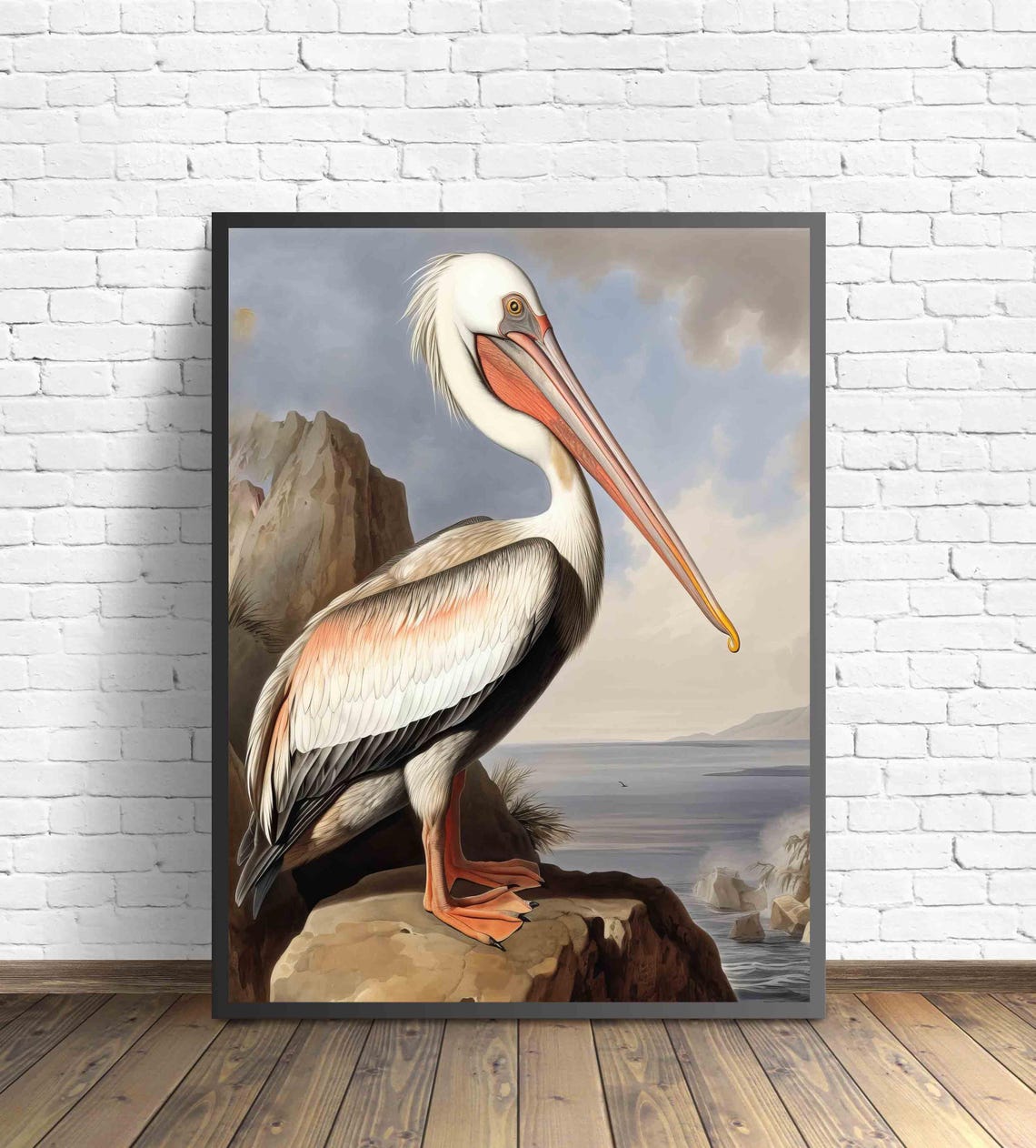 White Pelican on a Coastal Rock Vintage Bird Illustration Poster - Image 2