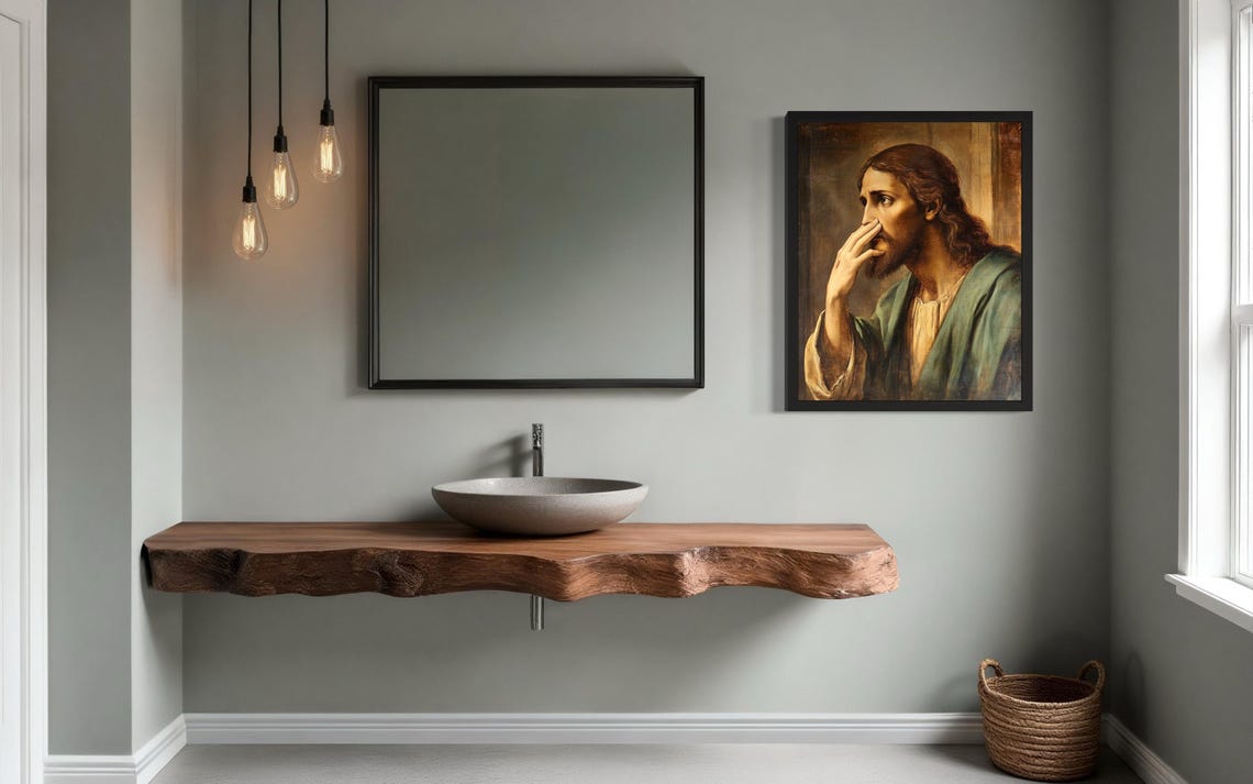 Funny Jesus Christ Style Figure in Robe Holding His Nose Poster - Image 3