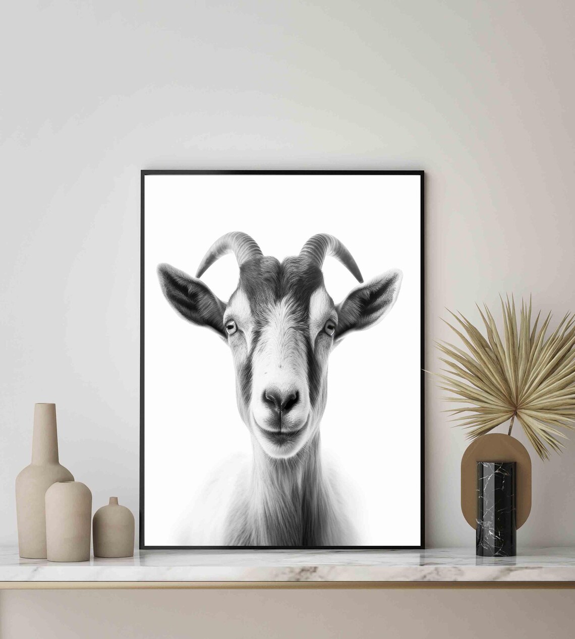 Goat Black and White Farm Animal Front Portrait Minimalist Poster - Image 4
