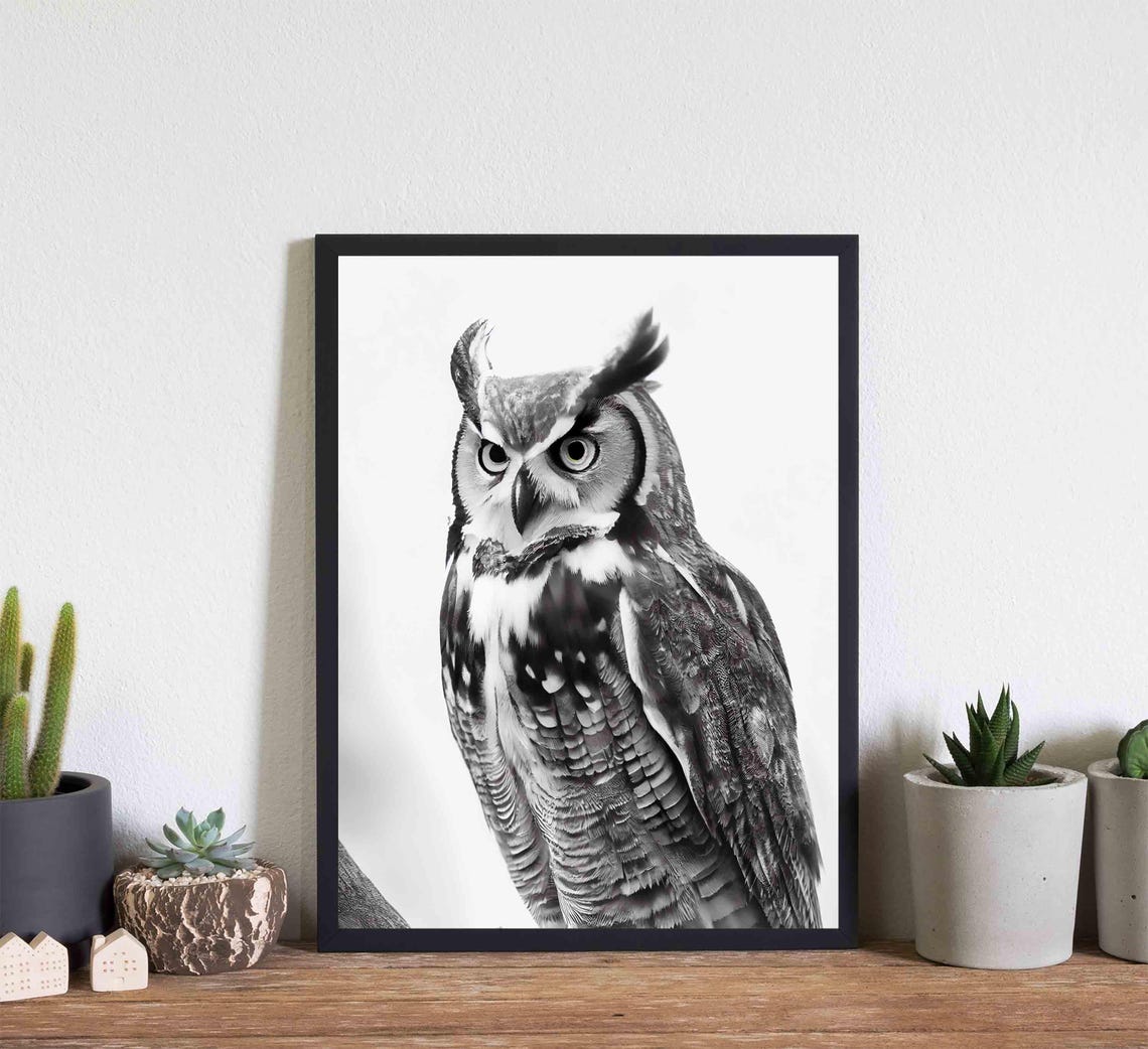Great Horned Owl Black and White Wild Bird of Prey Portrait Poster - Image 4