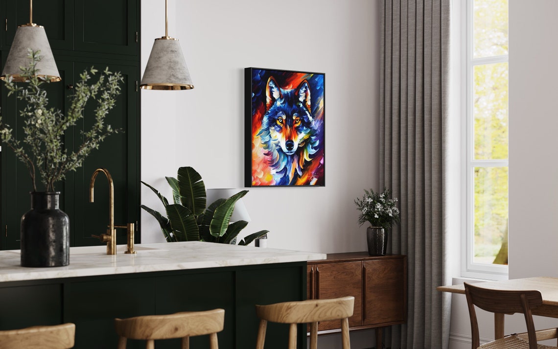Vibrant Colorful Wolf Portrait Impasto Oil Painting Art Poster - Image 4