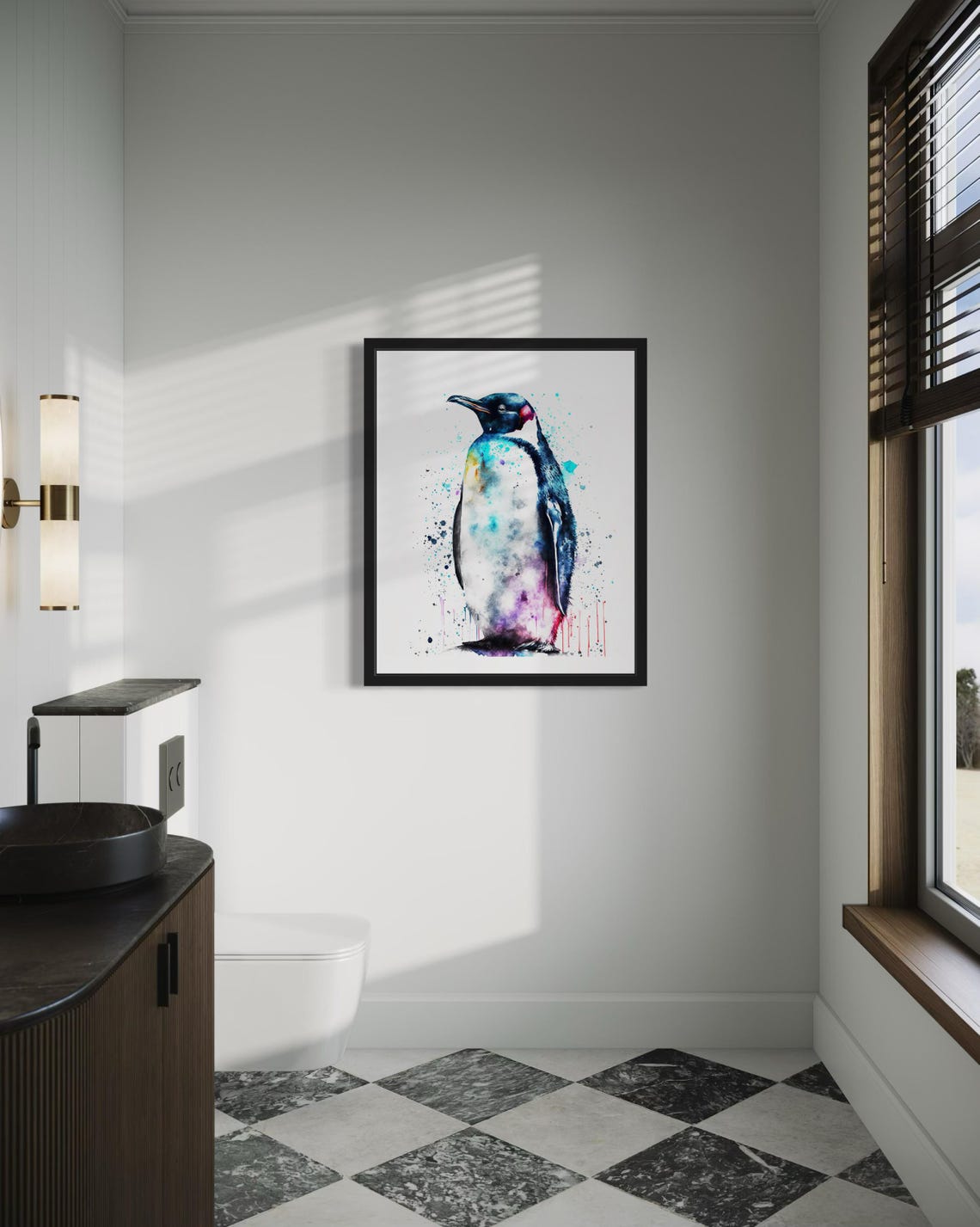 Penguin with Vibrant Teal and Pink Splashes Watercolor Art Poster - Image 3