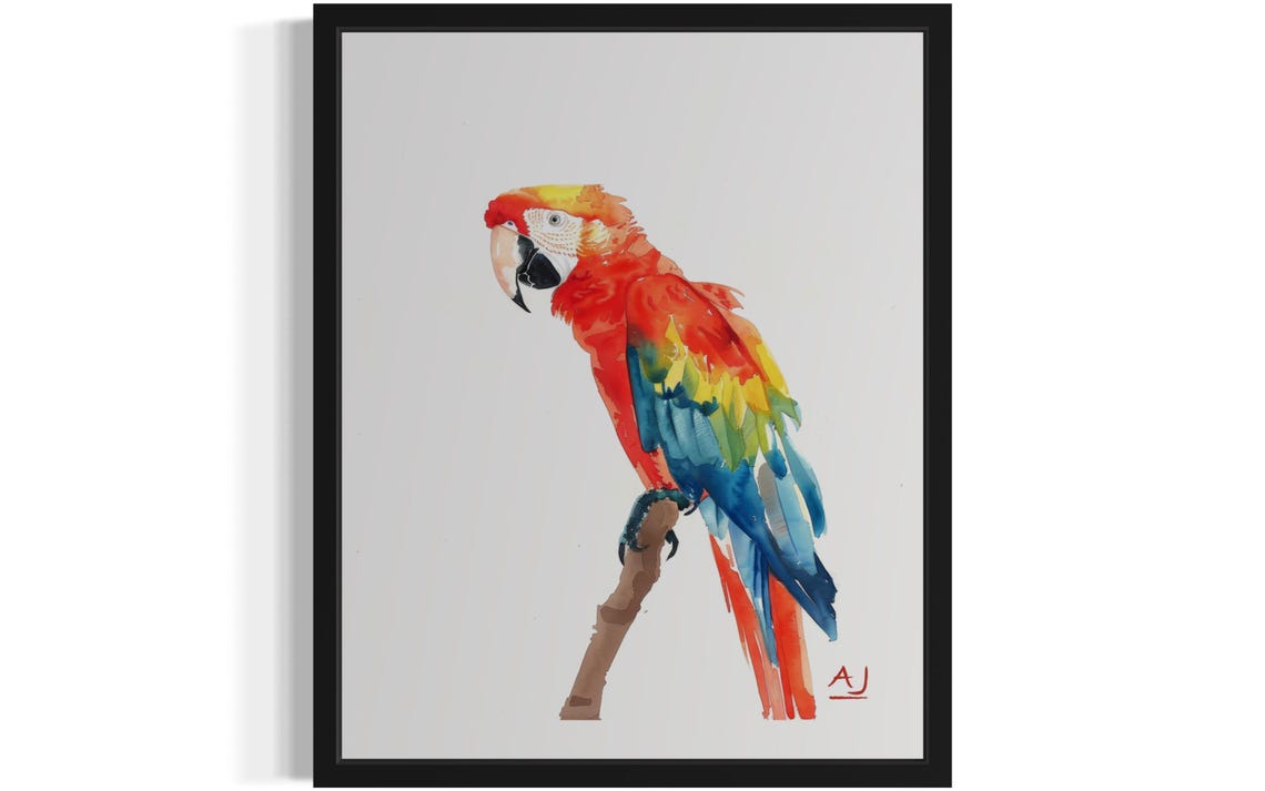 Scarlet Macaw Perched On Branch In Watercolor Parrot Art Poster