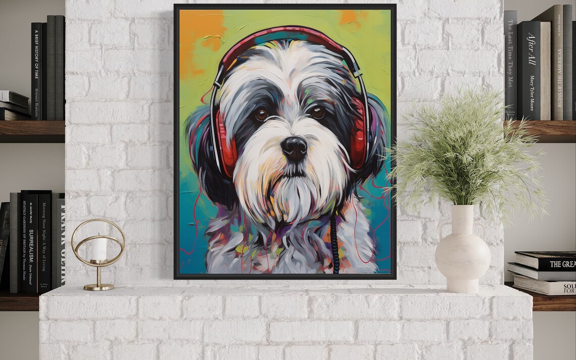 Lhasa Apso Dog Wearing Red Headphones Colorful Music Art Poster - Image 4
