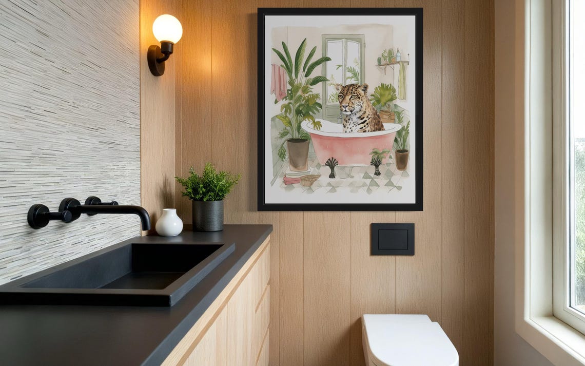 Leopard Relaxing in a Pink Bathtub Whimsical Watercolor Poster - Image 4