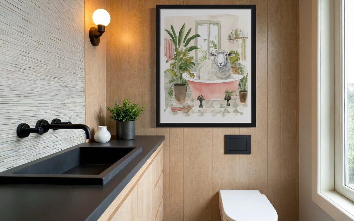 Fluffy White Sheep Soaking in a Pink Bathtub Bathroom Decor Poster - Image 4
