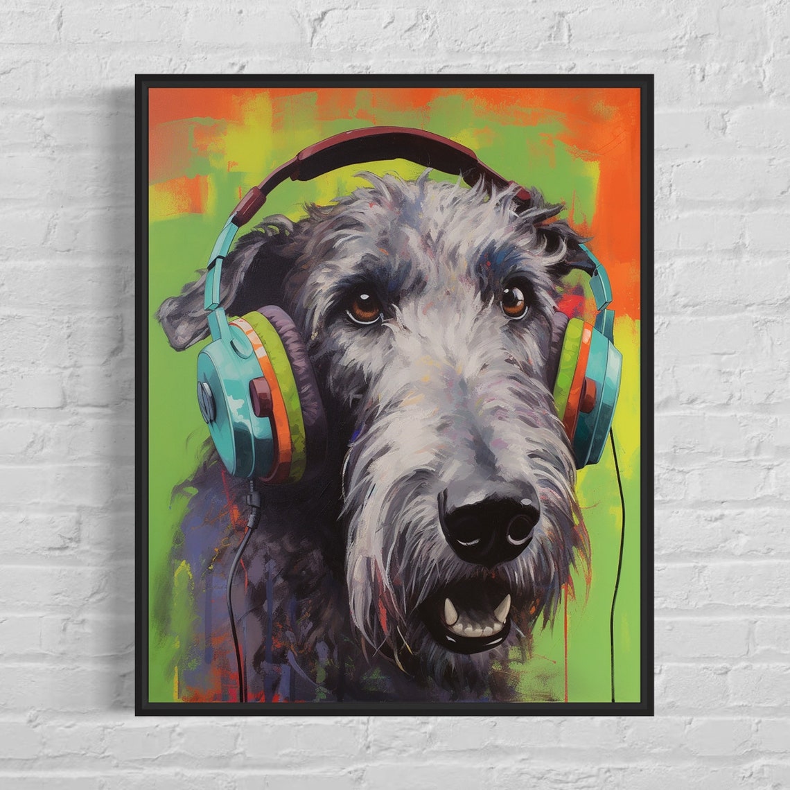 Irish Wolfhound Wearing Headphones Colorful Pop Dog Art Poster