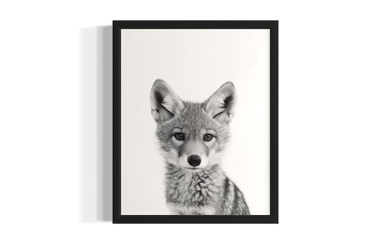 Sweet Baby Coyote Pup Portrait Monochrome Wildlife Nursery Poster