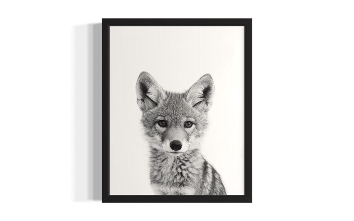 Sweet Baby Coyote Pup Portrait Monochrome Wildlife Nursery Poster