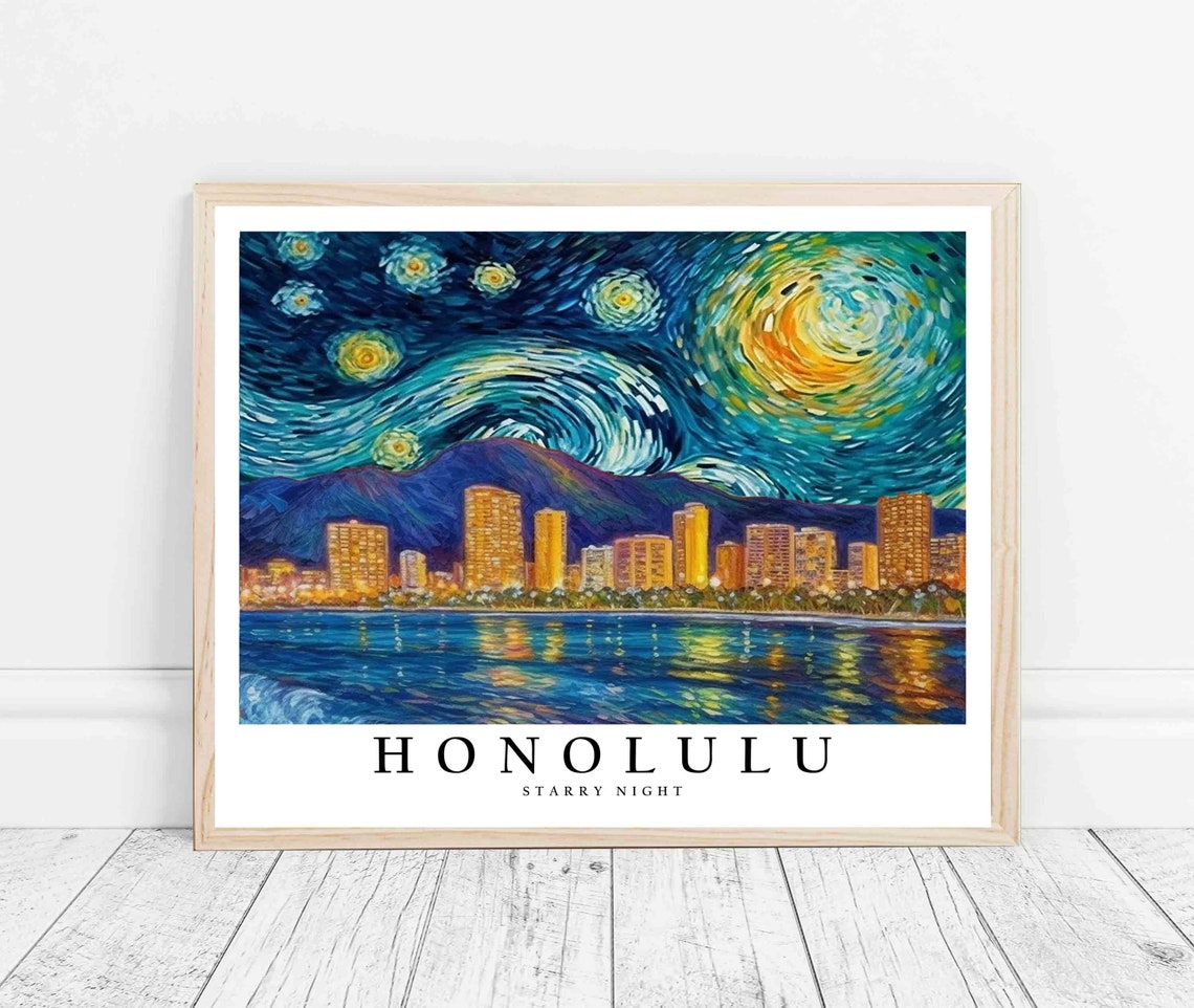 Honolulu Starry Night Van Gogh Style Ocean Skyline Art Poster - Image 3