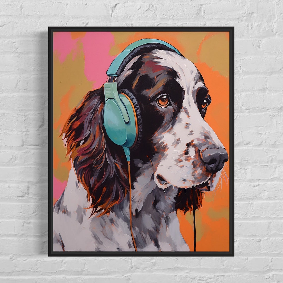 English Setter Dog Wearing Headphones Sunset Pop Art Music Poster
