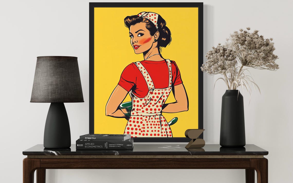 Retro Pop Art Housewife in Polka Dot Apron on Bright Yellow Poster - Image 3