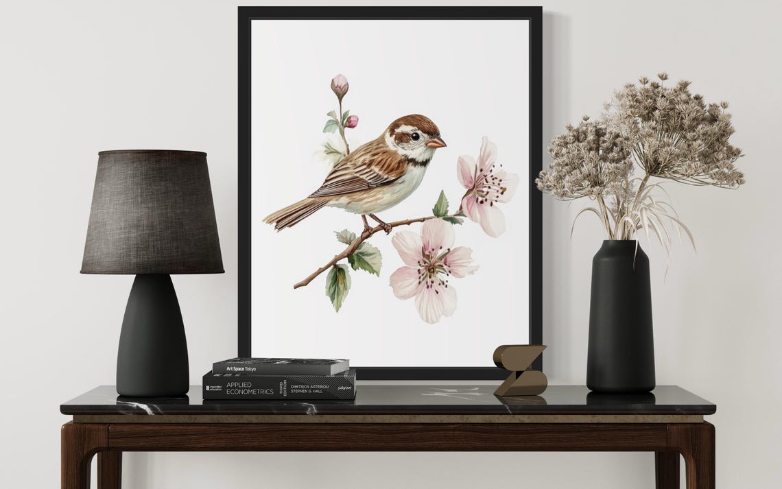 Charming Sparrow on Blossom Branch Botanical Watercolor Poster - Image 2