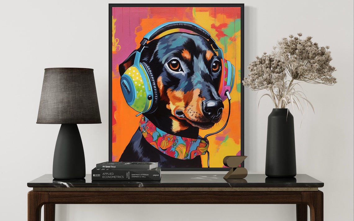 Happy Dachshund Wearing Headphones in Colorful Pop Art Style Poster - Image 3