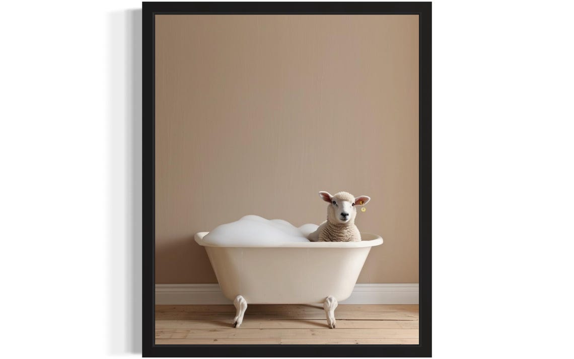Lamb Sitting in a White Clawfoot Bubble Bath Tub Photo Poster