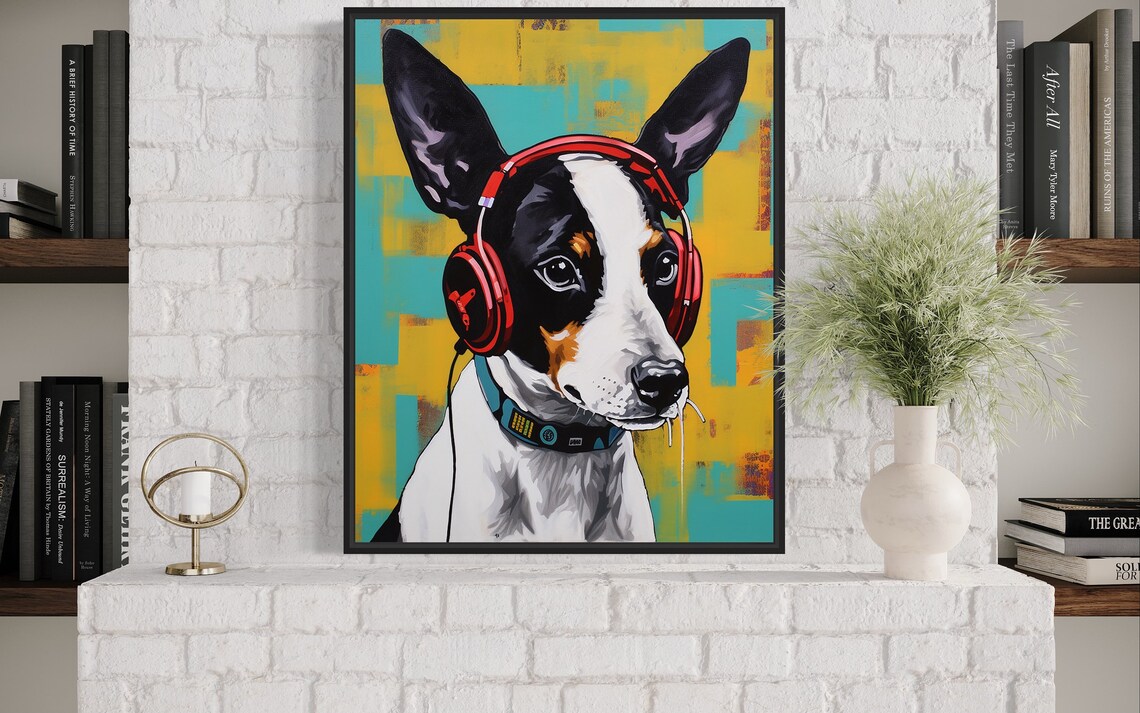 Rat Terrier Dog Wearing Red Headphones Color Pop Music Art Poster - Image 4