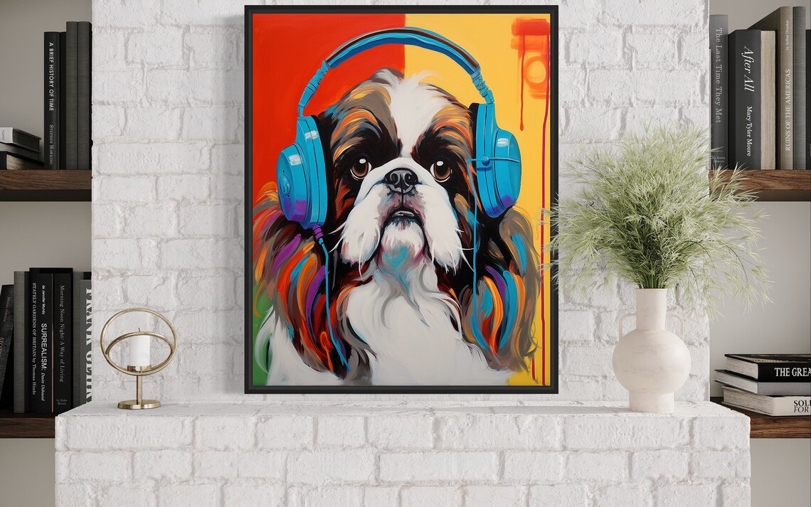 Pekingese Dog Wearing Blue Headphones Colorful Music Art Poster - Image 4