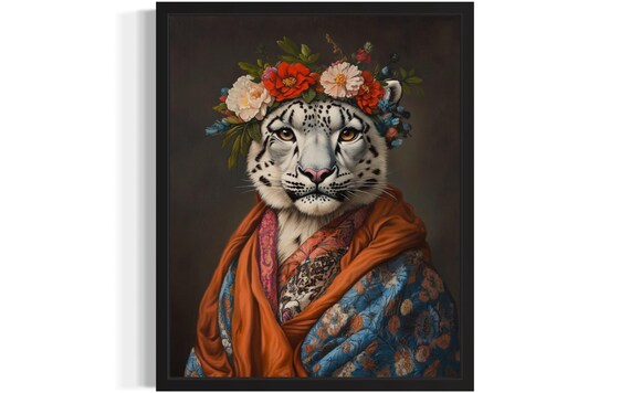 Snow Leopard Flower Crown and Rust Shawl Portrait Fine Art Decor Poster