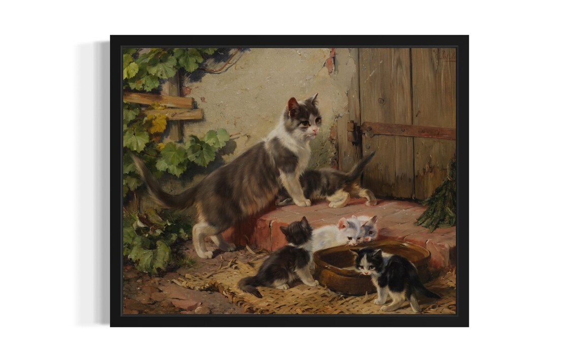 Mother Cat And Kittens By Rustic Wooden Door Vintage Painting Poster - Image 3