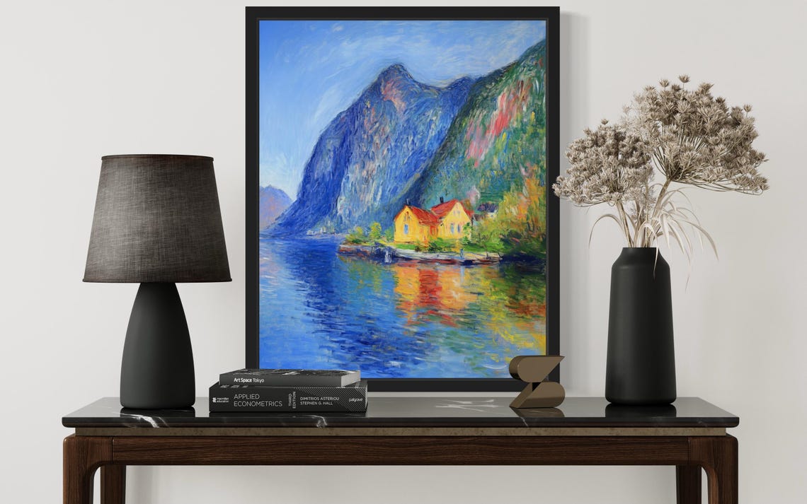 Norway Fjord Cabins Beneath Towering Mountains Monet Style Poster - Image 3