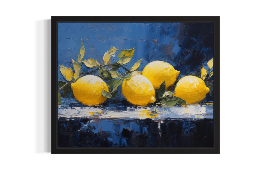 Yellow Lemons on Leafy Branch Against Deep Blue Painting Poster