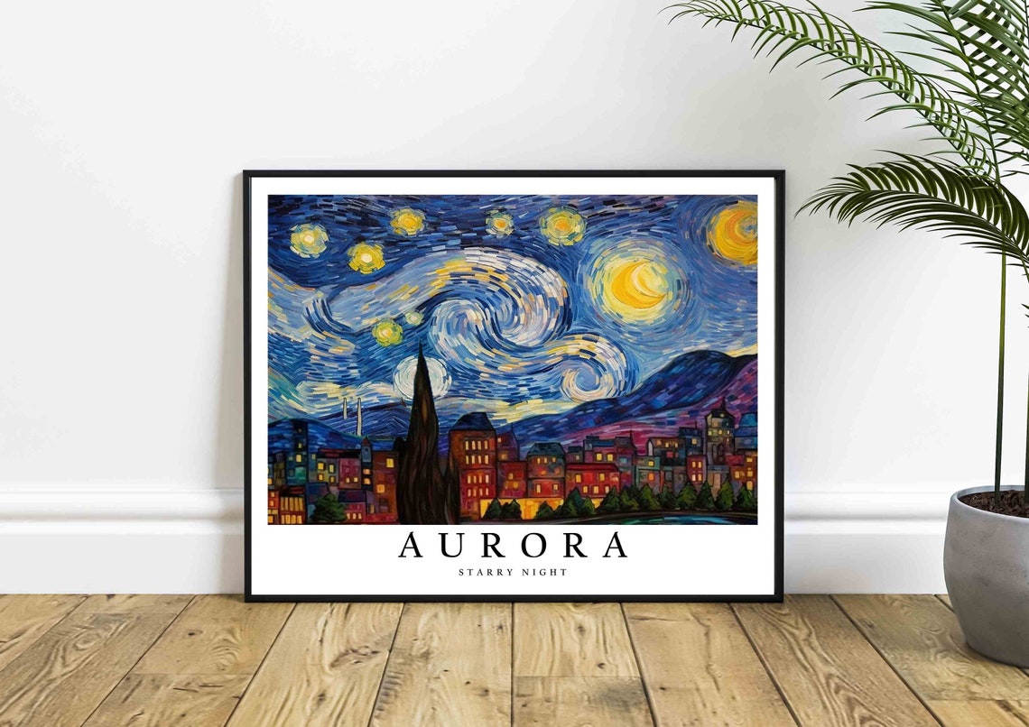 Aurora Starry Night City Lights Mountain Silhouette View Poster - Image 4