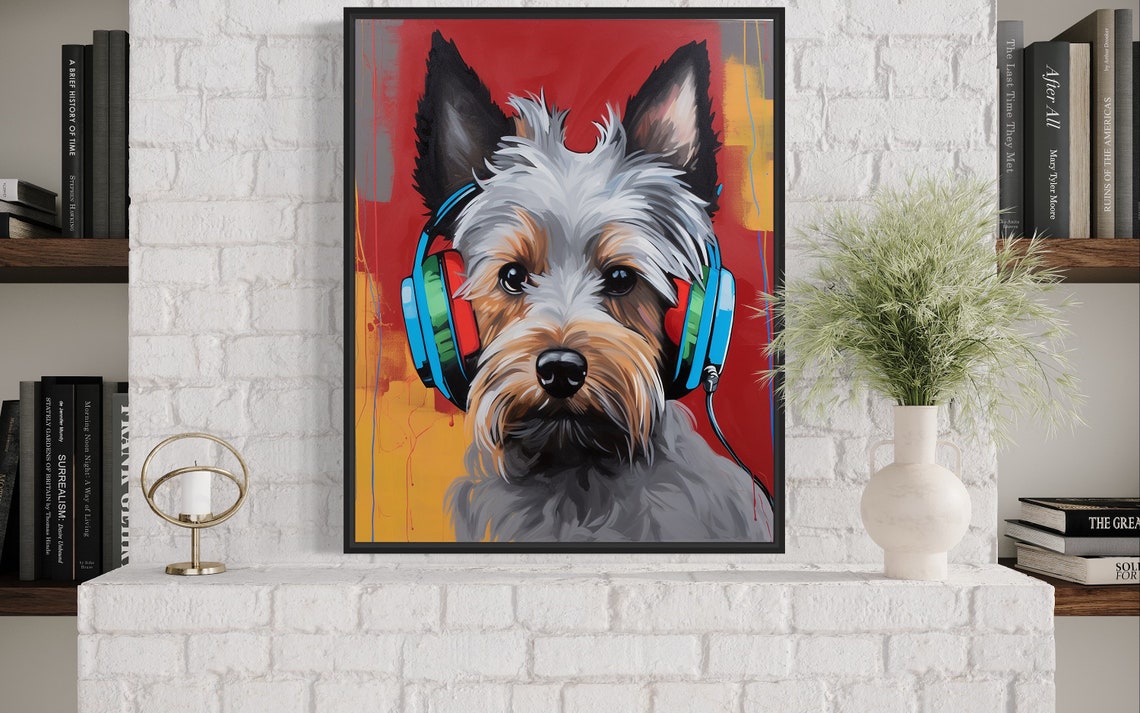 Silky Terrier Dog Wearing Headphones Vivid Red Pop Art Music Poster - Image 4