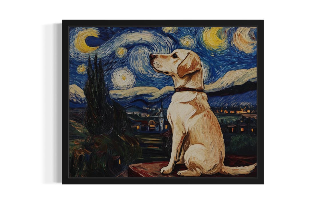 Labrador Retriever Gazing at Van Gogh Swirling Starry Night Poster
