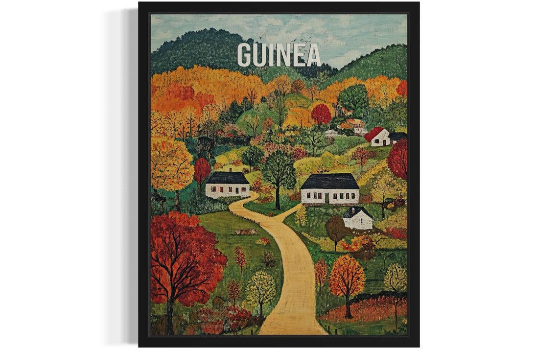 Guinea Fiery Autumn Valley Winding Dirt Road Naive Folk Art Poster