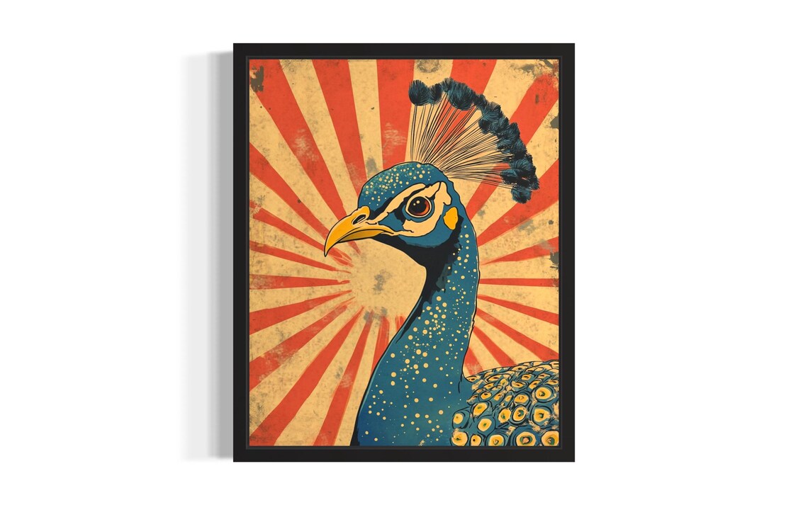 Majestic Peacock Portrait Retro Pop Art Red Sunburst Bird Poster