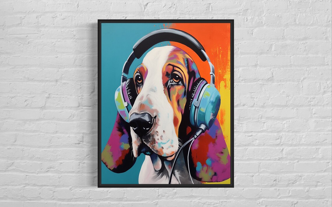 Colorful Basset Hound Wearing Headphones Fun Music Dog Lover Poster