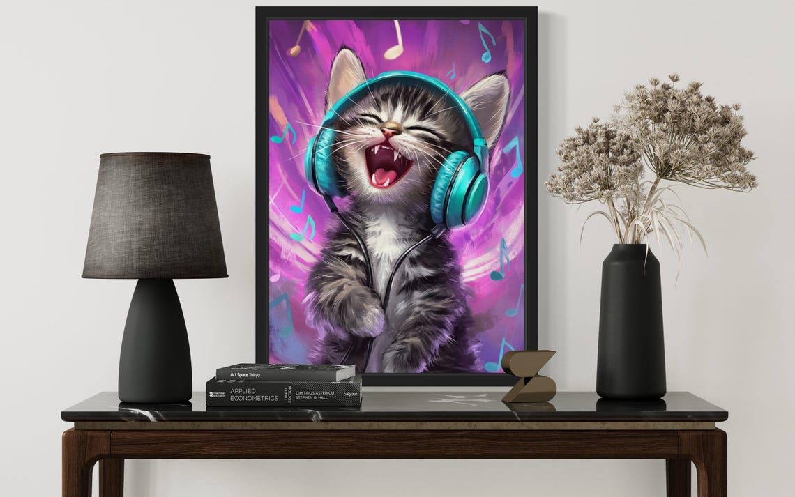 Joyful Kitten Singing with Teal Headphones on Purple Music Poster - Image 2