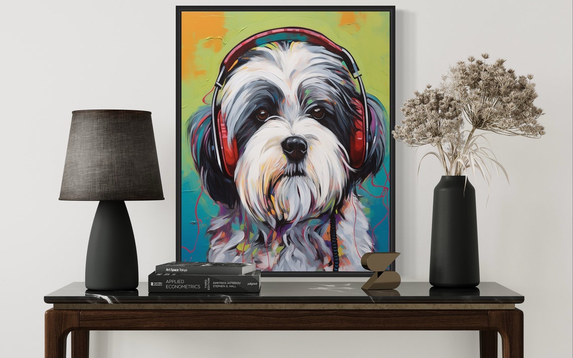 Lhasa Apso Dog Wearing Red Headphones Colorful Music Art Poster - Image 3