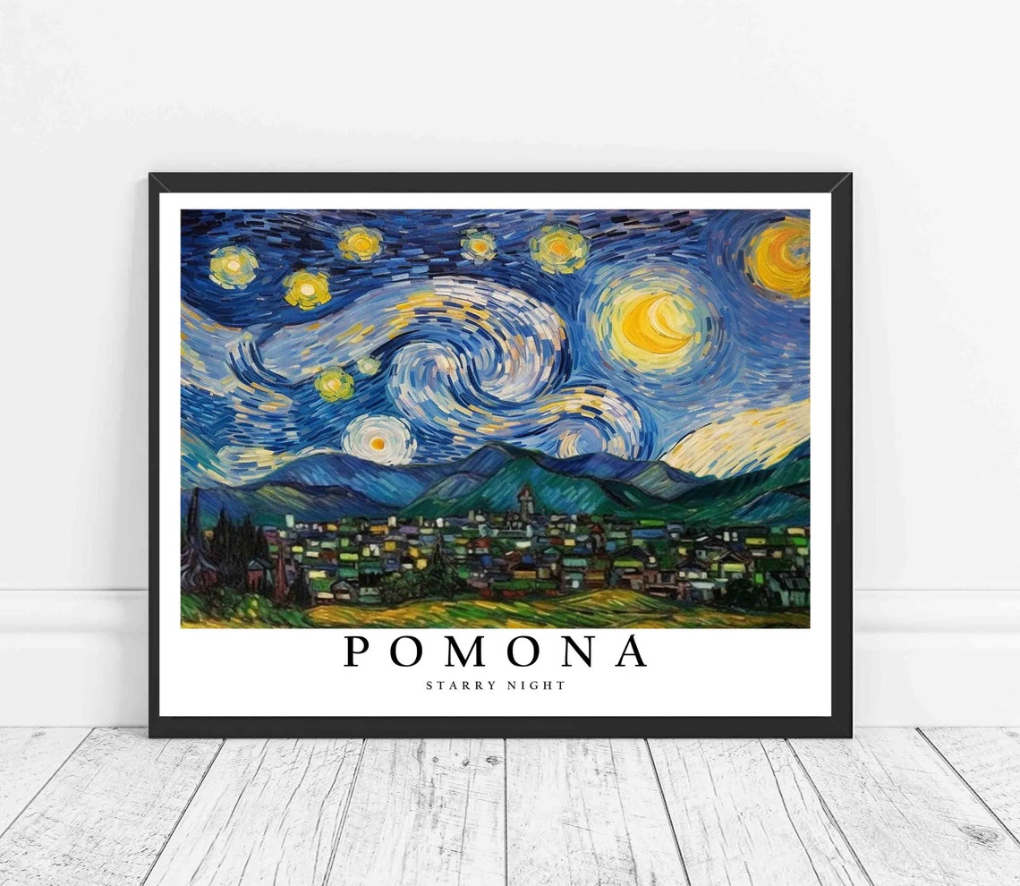 Pomona California Starry Night Mountain Town Skyline Art Poster