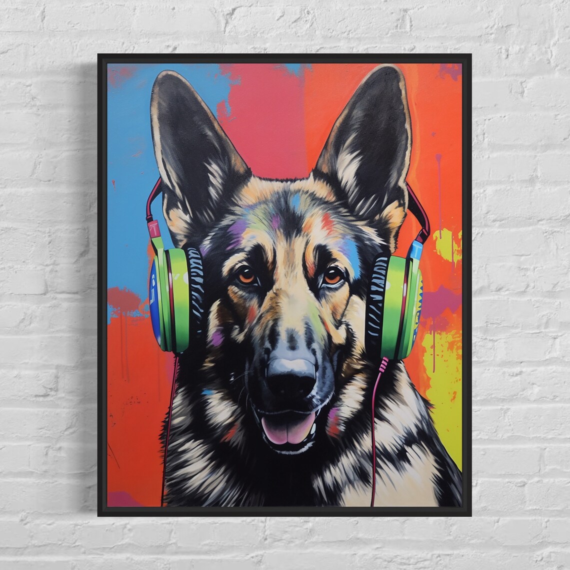 German Shepherd Wearing Headphones Colorful Pop Art Dog Poster
