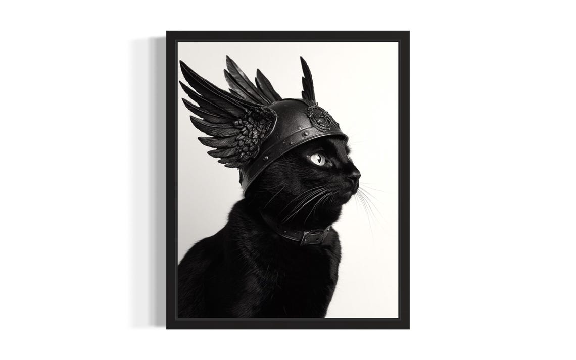 Black Cat In Winged Viking Helmet Profile Portrait Art Poster