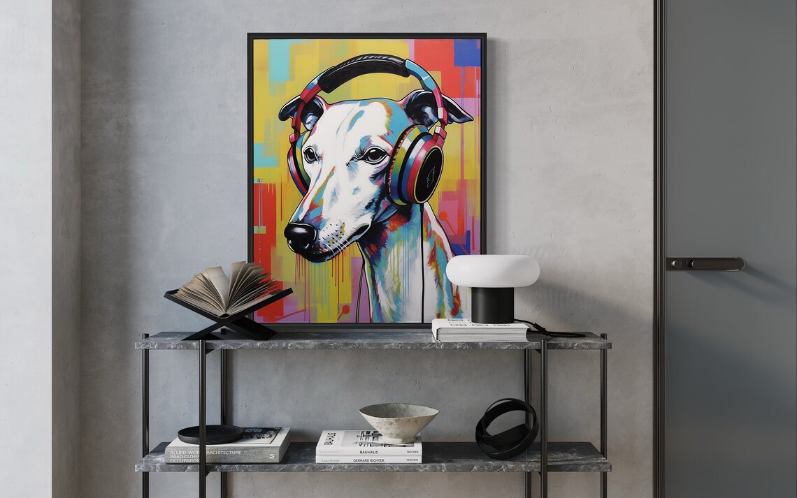 Whippet Wearing Headphones Colorful Pop Art Dog Portrait Poster - Image 2