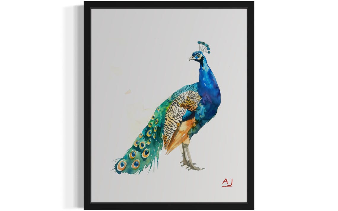 Peacock Displaying Iridescent Blue Green Tail Watercolor Poster