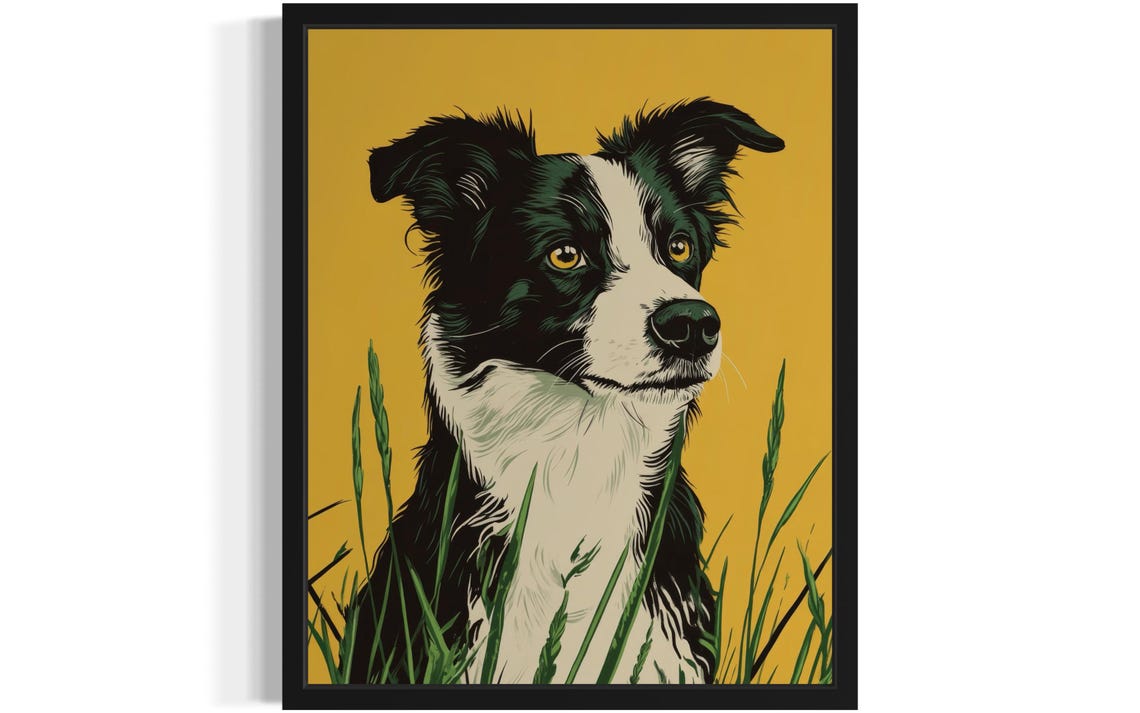 Border Collie Mustard Background Farm Dog Portrait Art Poster