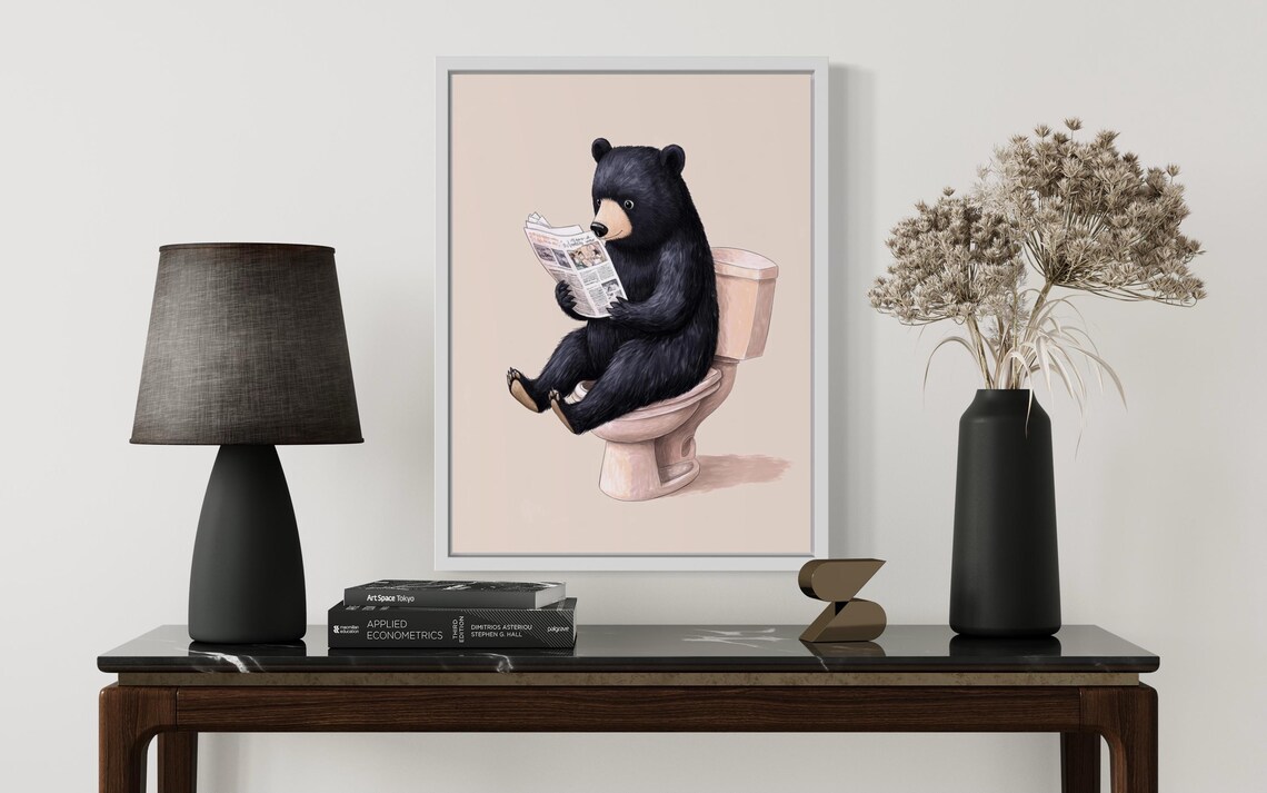 Black Bear Reading Newspaper on Toilet Funny Kids Bathroom Poster - Image 3