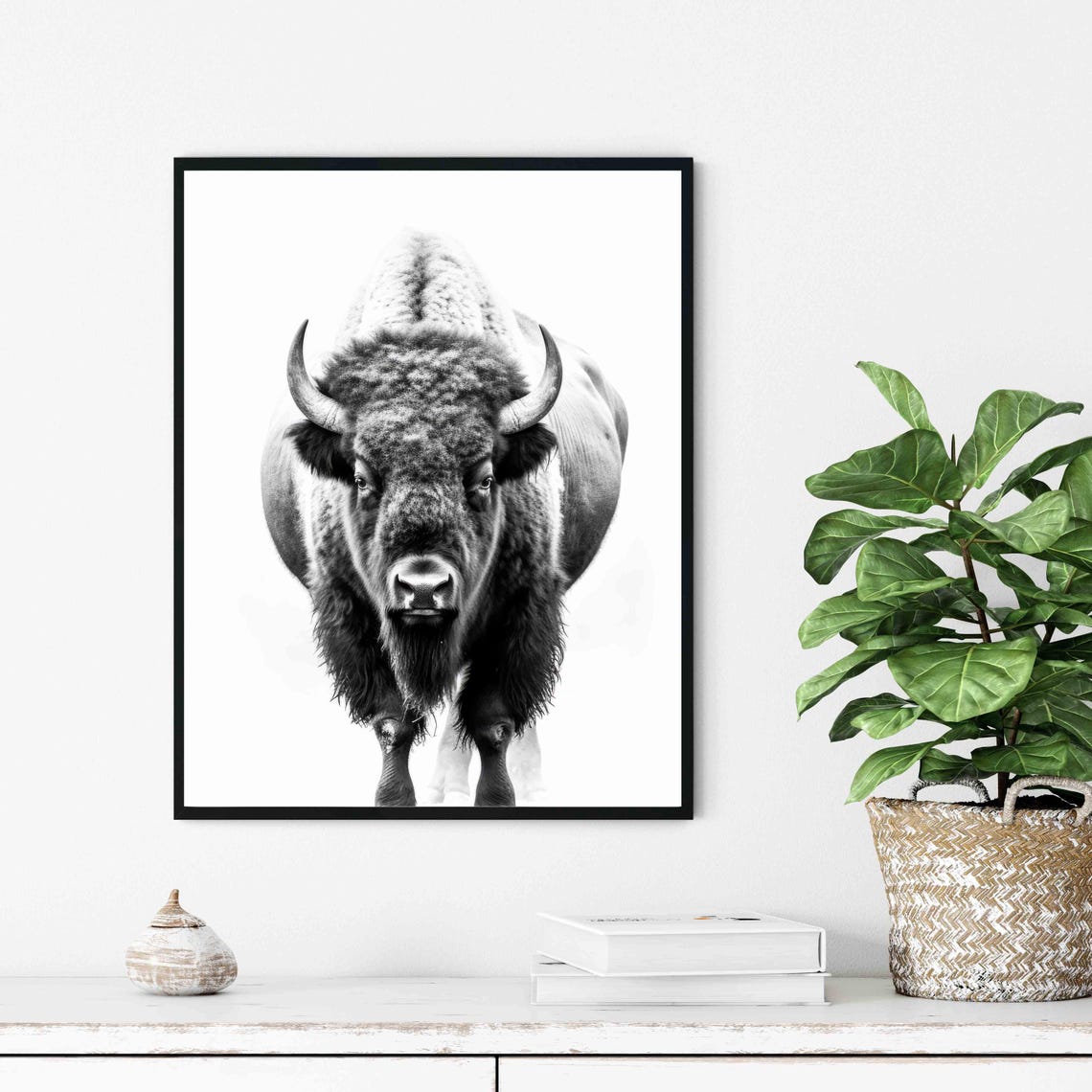 Mighty Bison Front View Portrait in Black and White Art Poster - Image 3