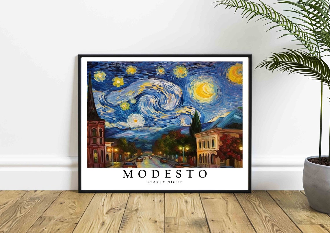 Modesto Starry Night Main Street Church Tower Warm Glow Poster - Image 4
