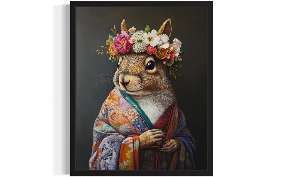 Squirrel Wearing Flower Crown and Floral Kimono Fine Art Decor Poster