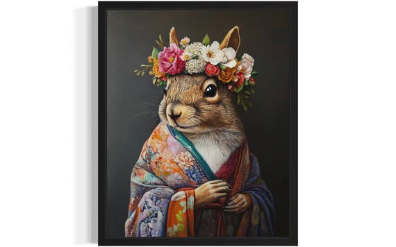 Squirrel Wearing Flower Crown and Floral Kimono Fine Art Decor Poster