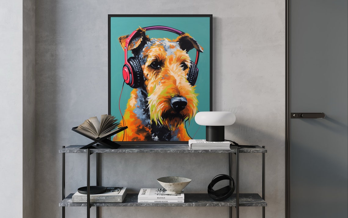 Airedale Terrier Dog Wearing Bright Pink Headphones Pop Art Poster - Image 3