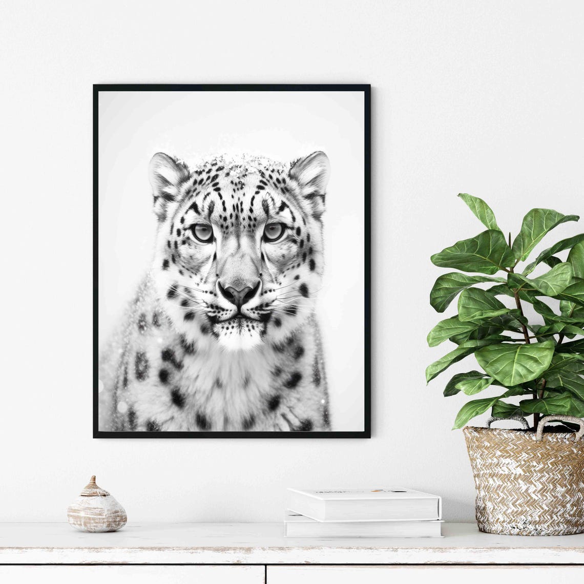 Snow Leopard Black and White Winter Wild Big Cat Portrait Poster - Image 4